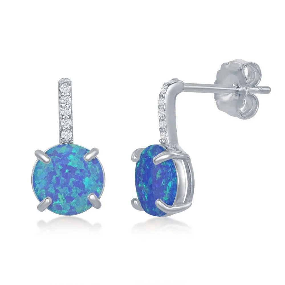 Sterling Silver Round Blue Opal CZ Bar Earrings