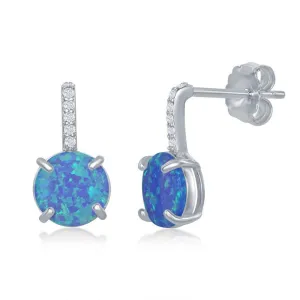 Sterling Silver Round Blue Opal CZ Bar Earrings
