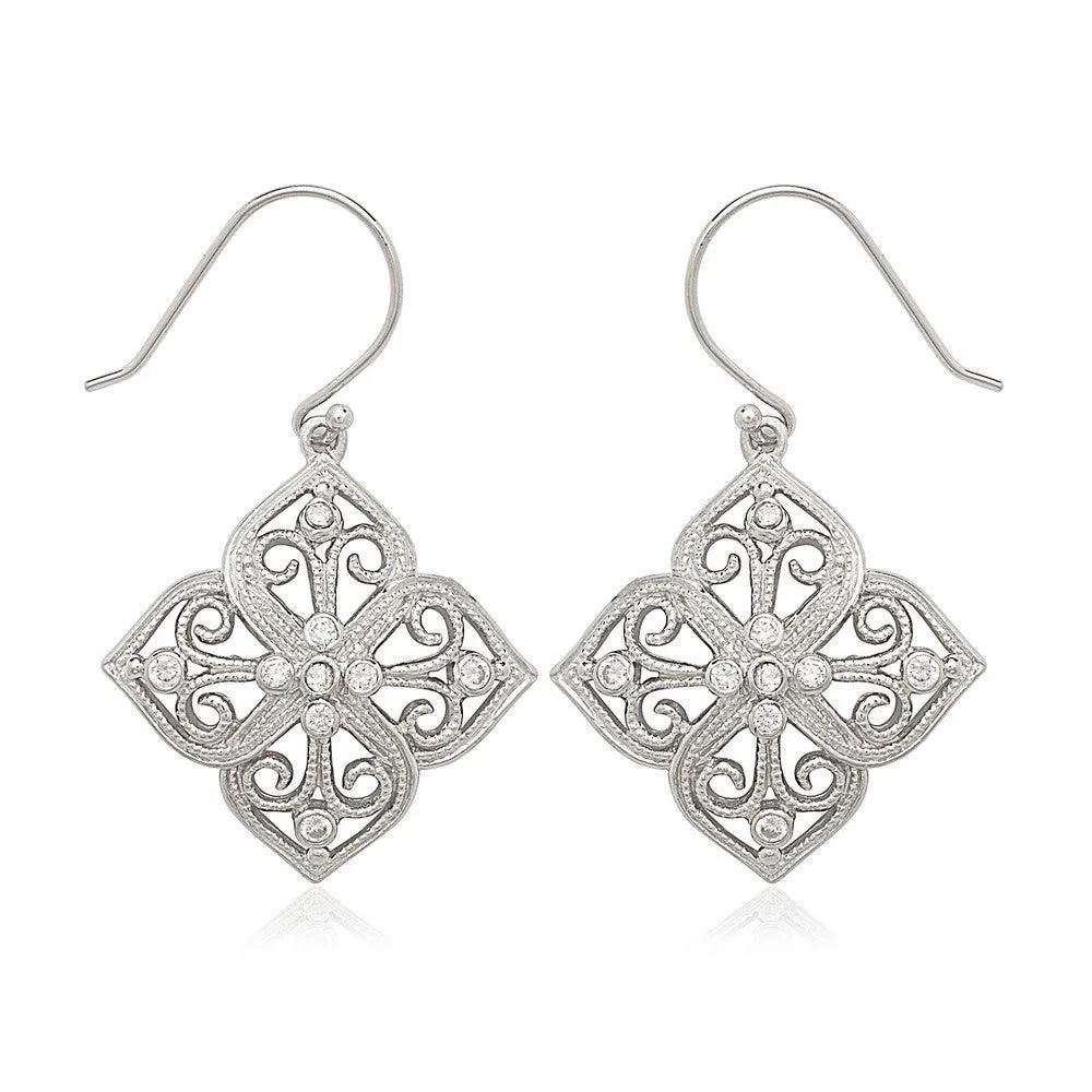 Sterling Silver Square Fancy Design CZ Earrings