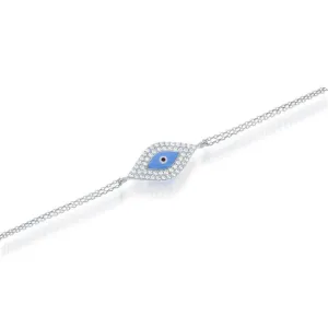 Sterling Silver Turquoise Enamel and CZ Evil Eye Bracelet, 7"