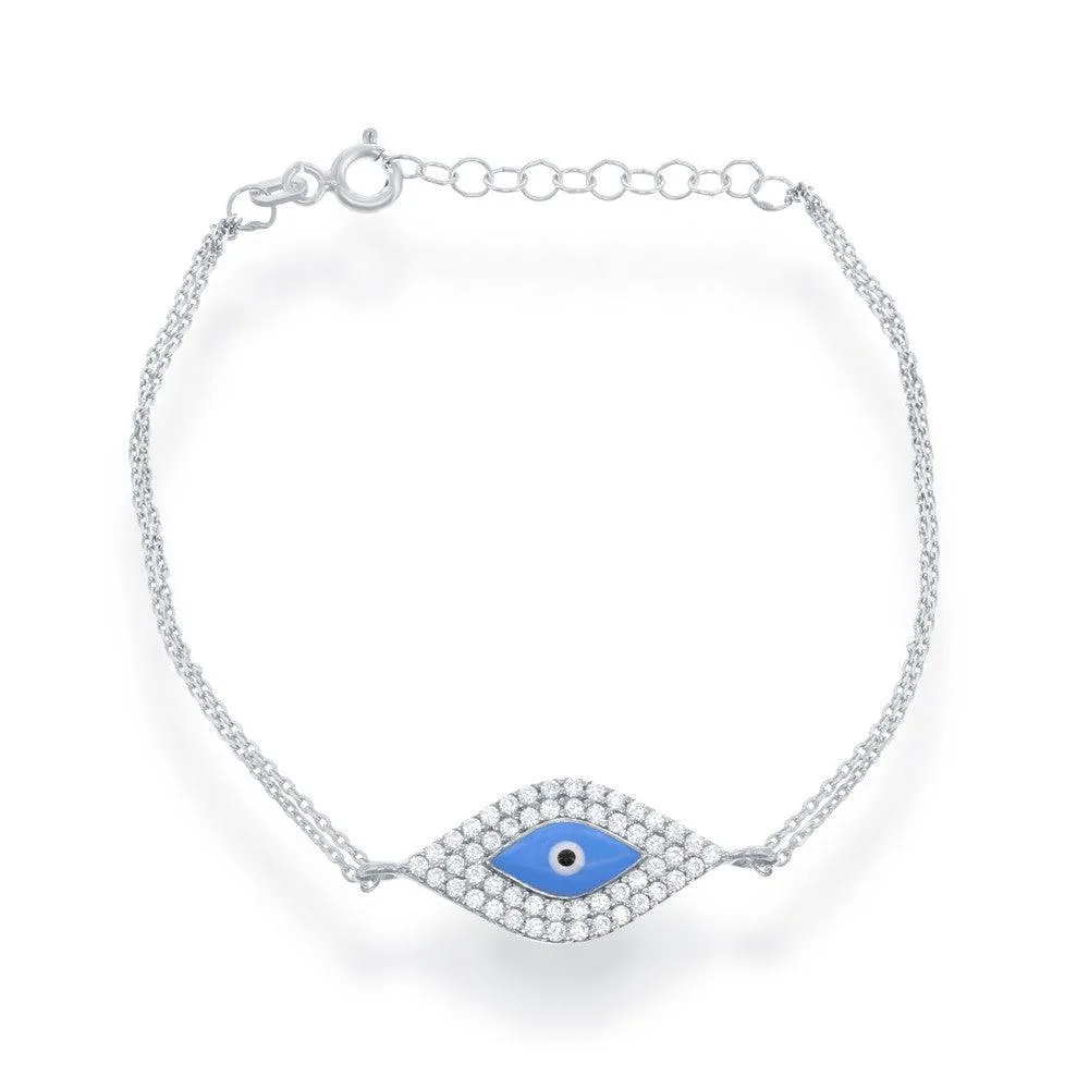 Sterling Silver Turquoise Enamel and CZ Evil Eye Bracelet, 7"