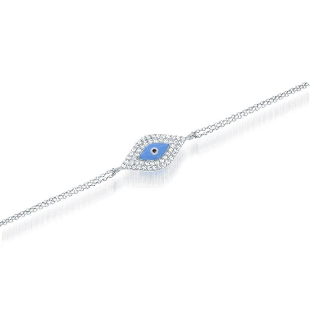 Sterling Silver Turquoise Enamel and CZ Evil Eye Bracelet, 7"