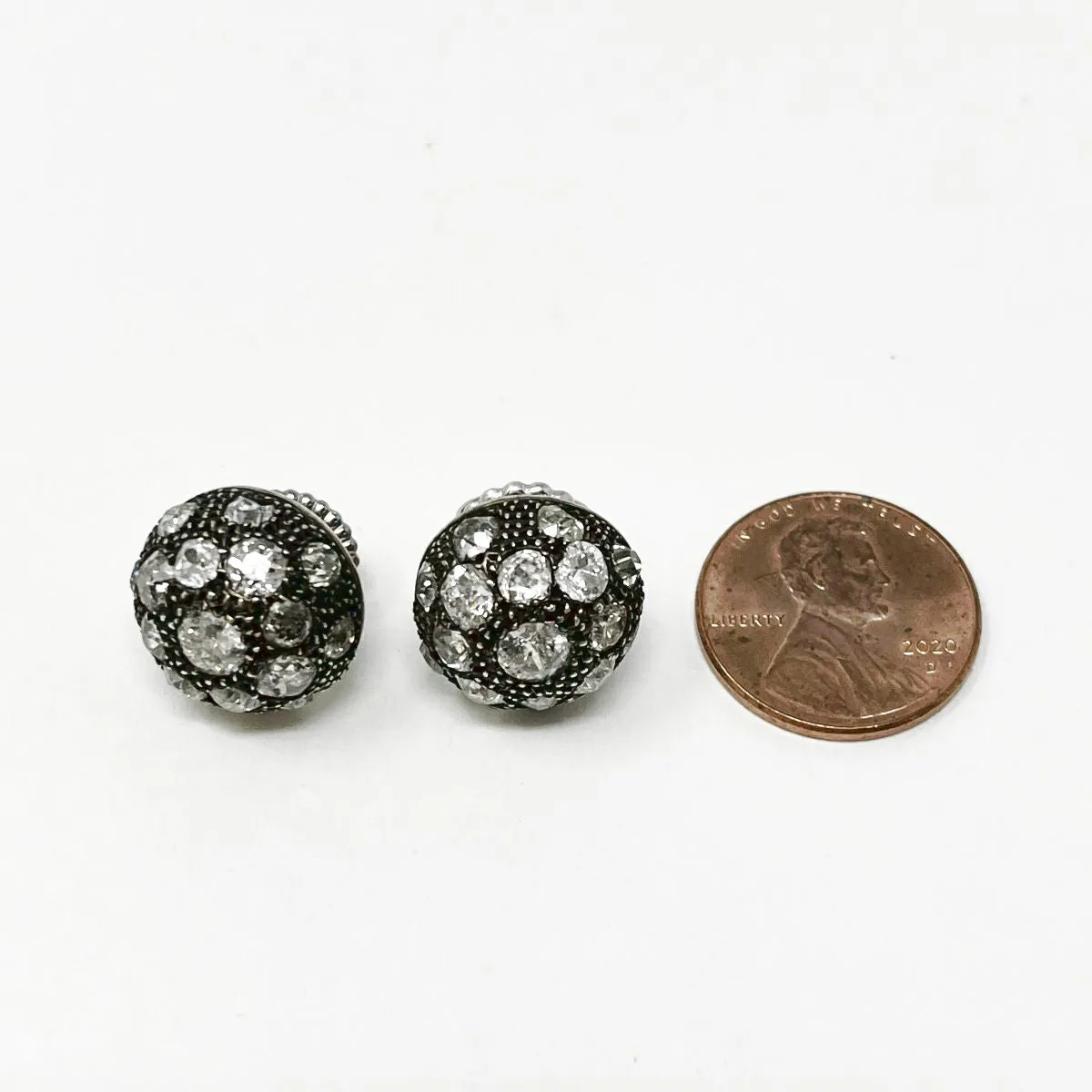Victorian Silver and 14K White Gold Dome Earrings with Diamonds