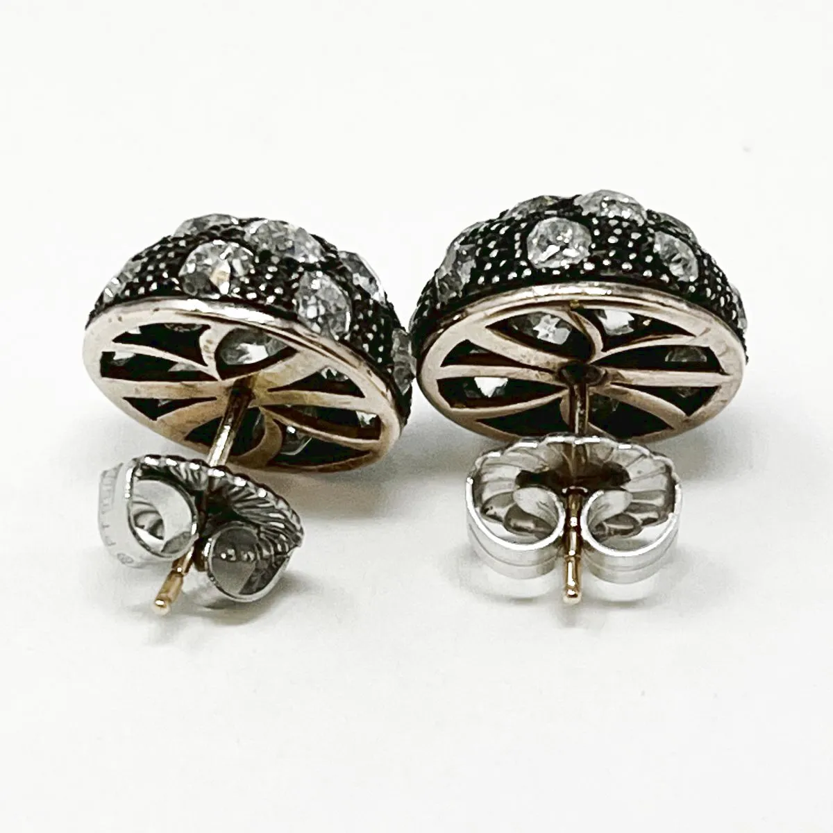 Victorian Silver and 14K White Gold Dome Earrings with Diamonds