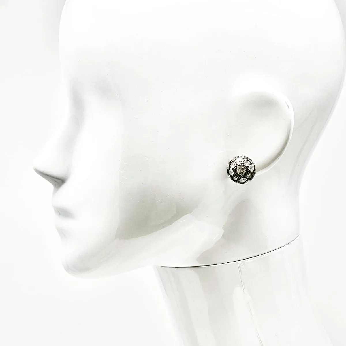 Victorian Silver and 14K White Gold Dome Earrings with Diamonds