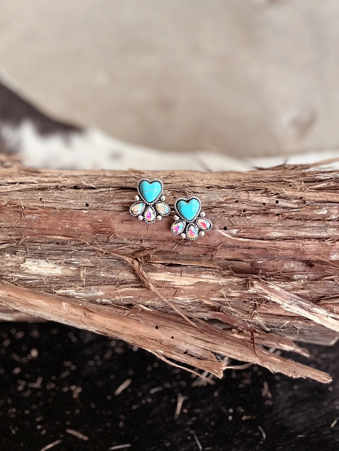 Western Style Stone Heart Post Earrings - 3 Colors Available