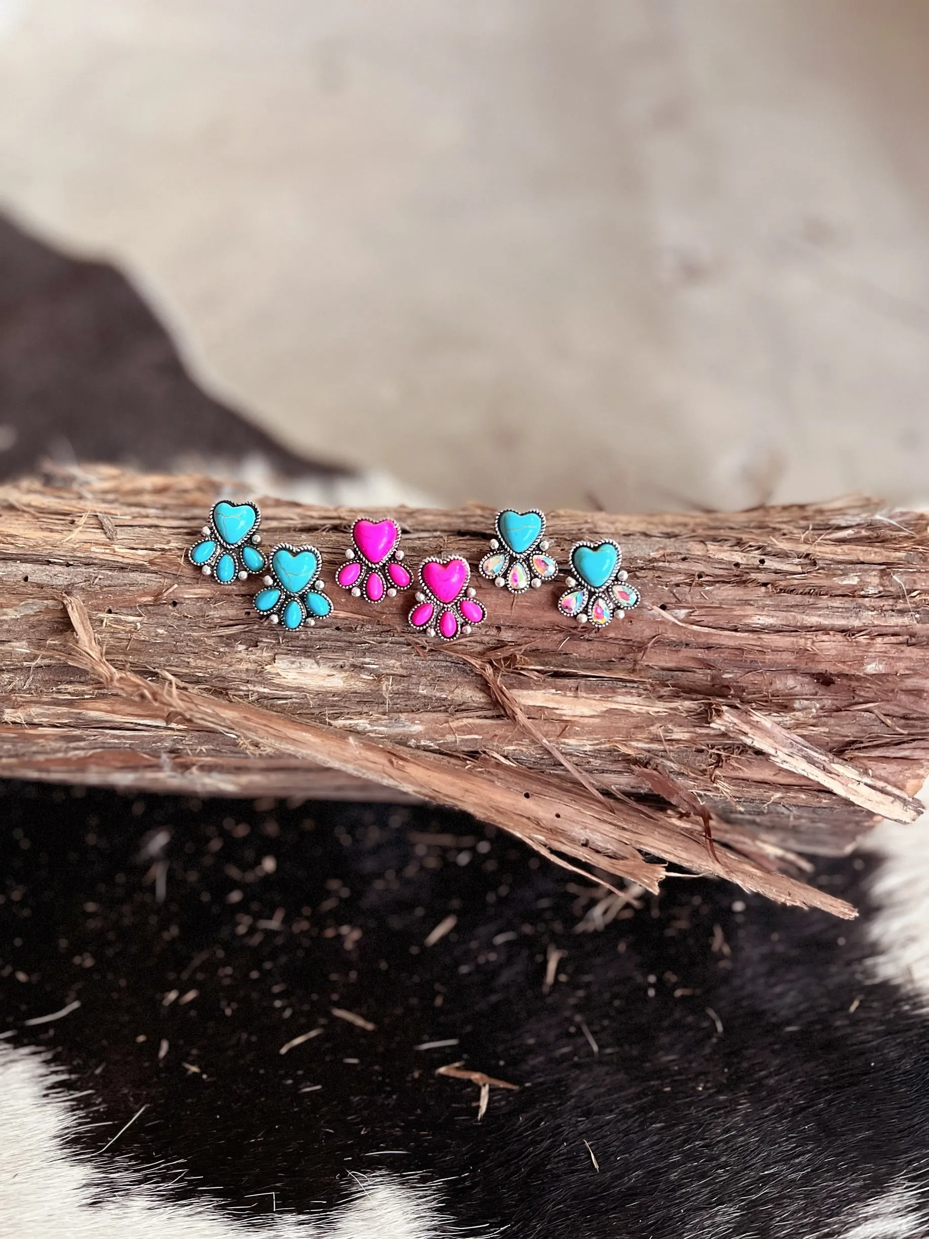 Western Style Stone Heart Post Earrings - 3 Colors Available